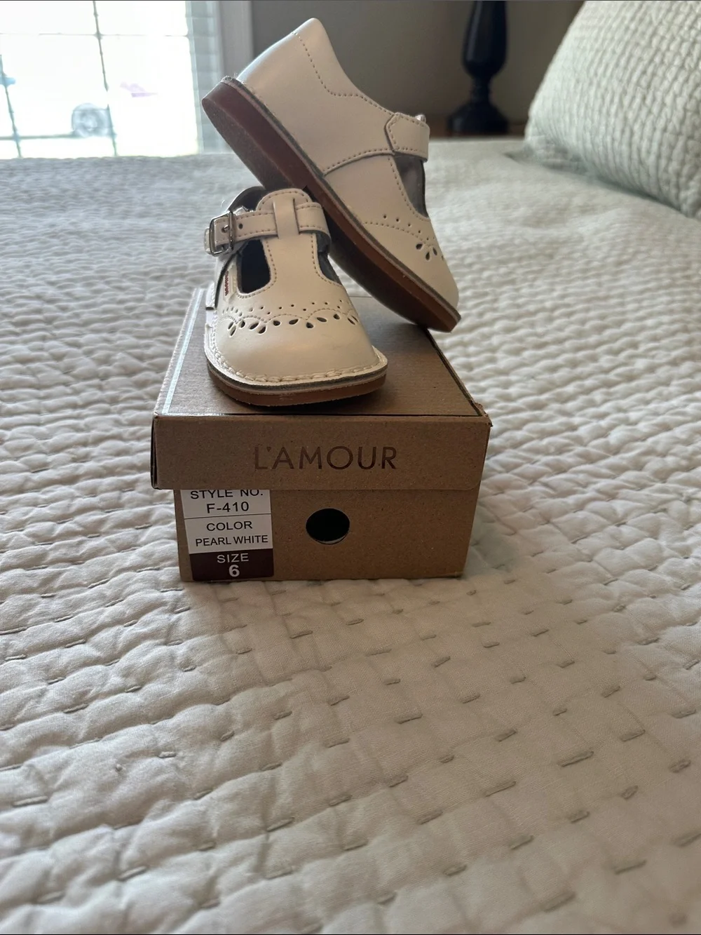 L'Amour Pearl White T-Strap Kids Dress Shoes with Perforated Detail